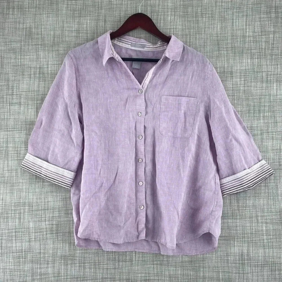 Chico's Short Sleeve Linen Button Down Top Womens 2P (LP) purple NWT 3621 - Picture 1 of 8